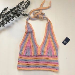 Hollister Crochet Halter Women Small Top Festival Rainbow Hippie Boho Maximalist
